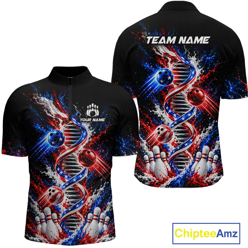 Custom American Flag DNA Bowling Shirt for Men Bowling Team Jersey Polo & 1/4 Zip QZT1395