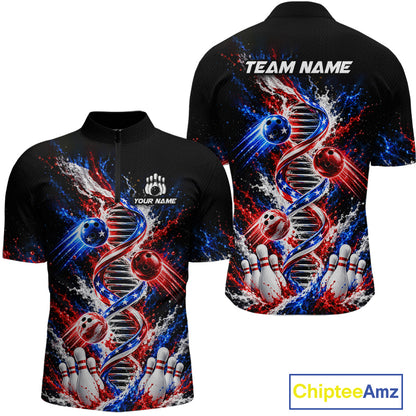 Custom American Flag DNA Bowling Shirt for Men Bowling Team Jersey Polo & 1/4 Zip QZT1395
