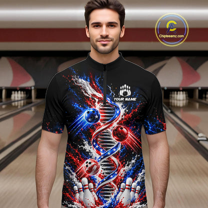 Custom American Flag DNA Bowling Shirt for Men Bowling Team Jersey Polo & 1/4 Zip QZT1395