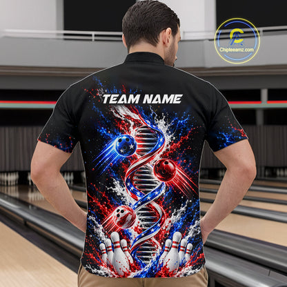 Custom American Flag DNA Bowling Shirt for Men Bowling Team Jersey Polo & 1/4 Zip QZT1395