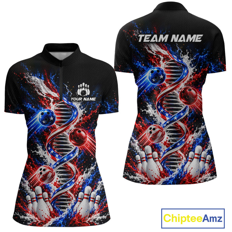 Custom American Flag DNA Bowling Shirt for Women Bowling Team Jersey Polo & 1/4 Zip QZT1395