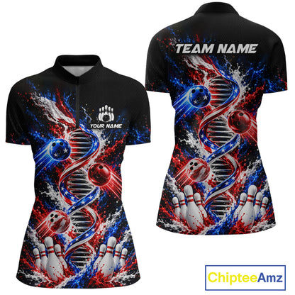 Custom American Flag DNA Bowling Shirt for Women Bowling Team Jersey Polo & 1/4 Zip QZT1395