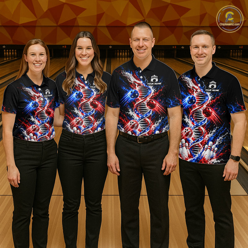 Custom American Flag DNA Bowling Shirt for Men Bowling Team Jersey Polo & 1/4 Zip QZT1395