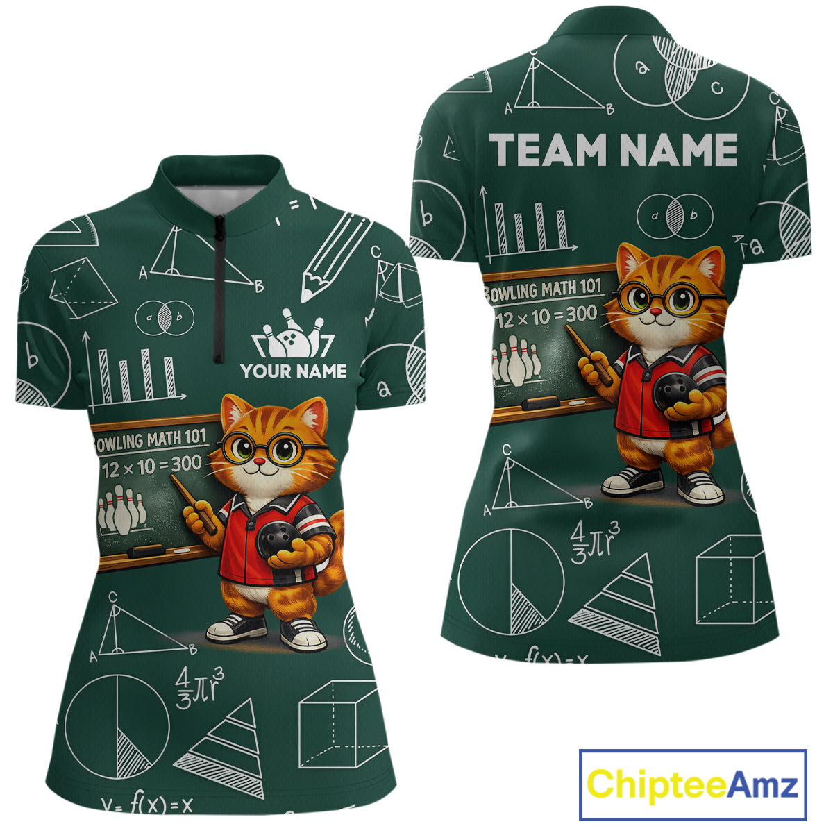 Funny Cat Bowling Math Shirt Personalized Polo & 1/4 Zip Shirt Bowling Team Jersey for Women QZT926