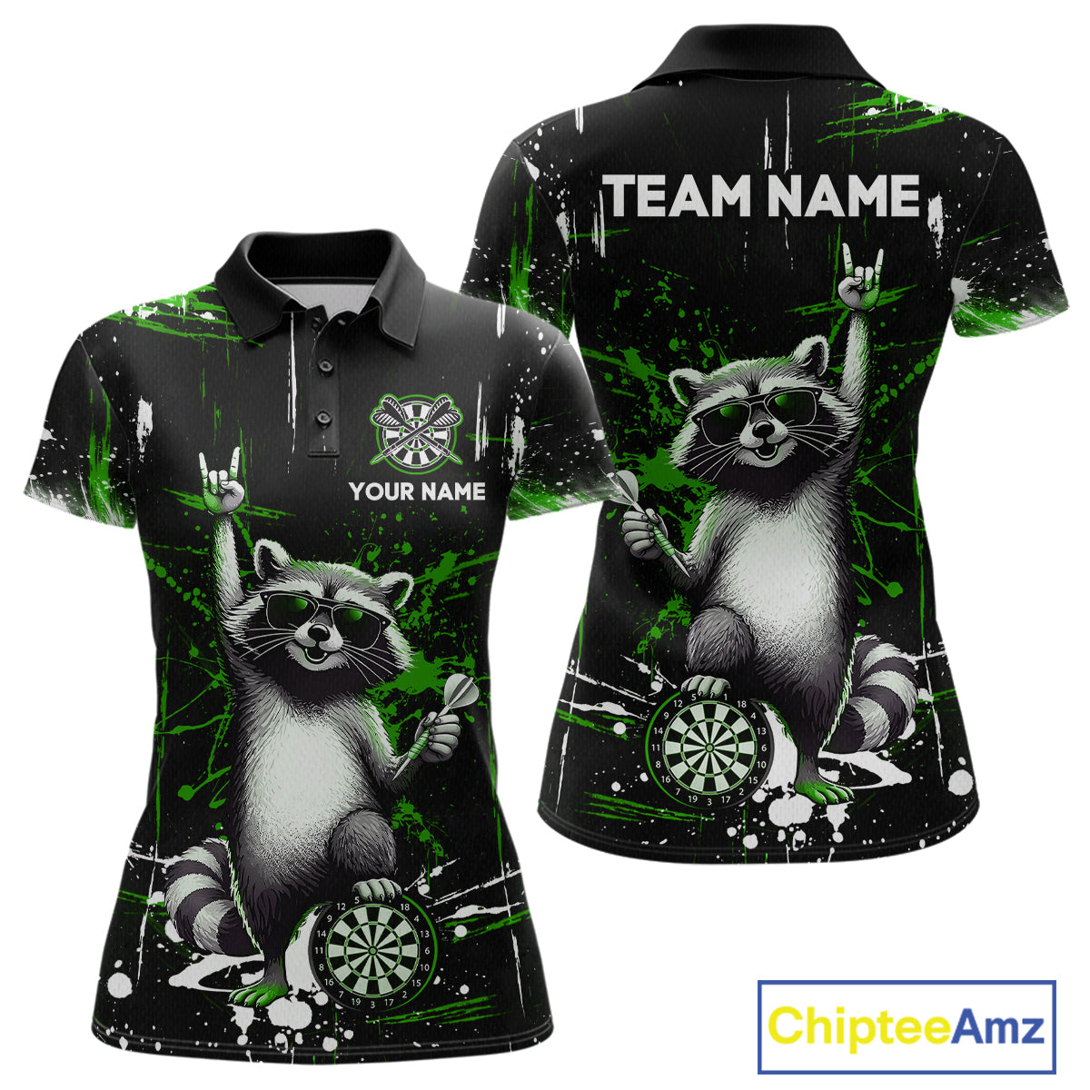 Custom Green Funny Raccoon Dart Team Shirt for Women Dart Jersey Polo & /4-Zip Dartboard Shirt Outfit DHT29