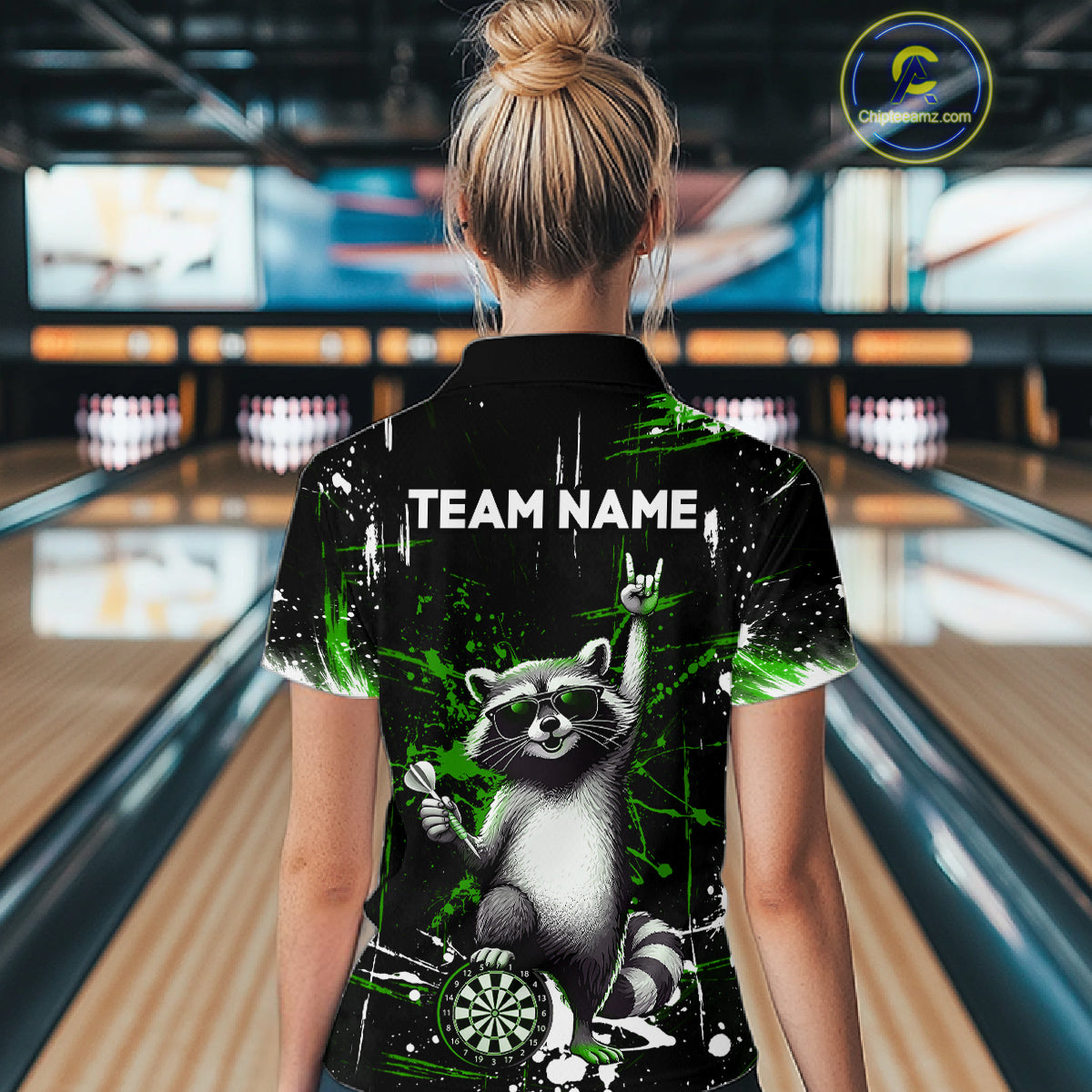 Custom Green Funny Raccoon Dart Team Shirt for Women Dart Jersey Polo & /4-Zip Dartboard Shirt Outfit DHT29