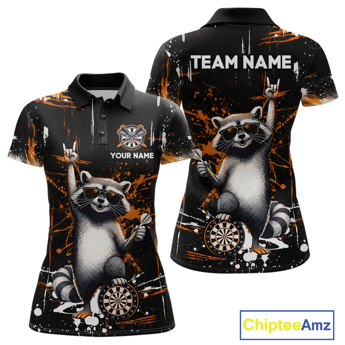 Custom Orange Funny Raccoon Dart Team Shirt for Women Dart Jersey Polo & /4-Zip Dartboard Shirt Outfit DHT29