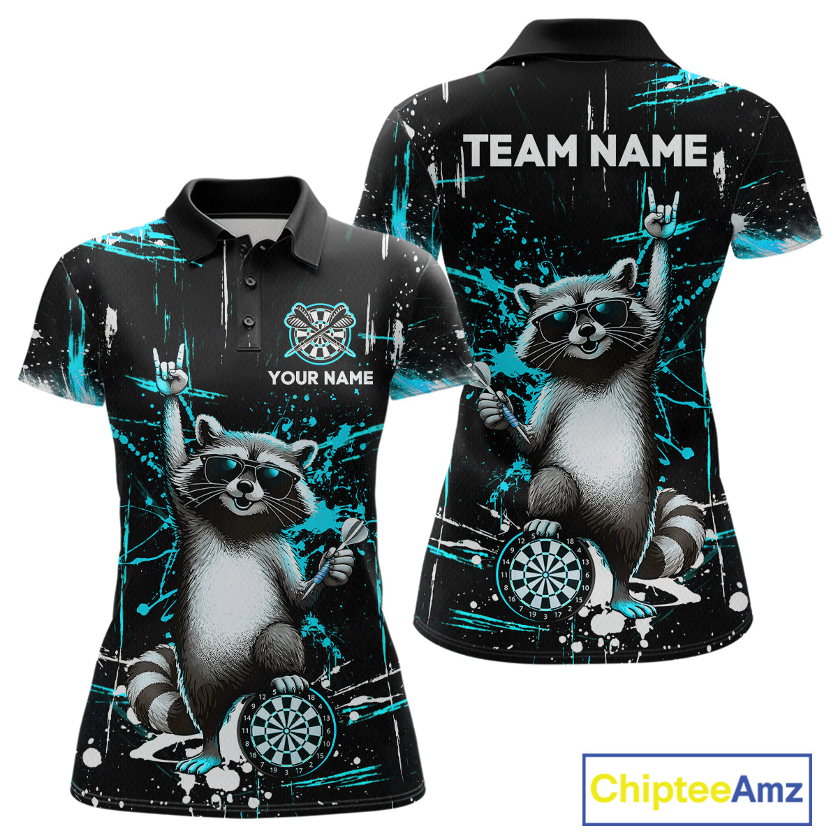 Custom Turquoise Funny Raccoon Dart Team Shirt for Women Dart Jersey Polo & /4-Zip Dartboard Shirt Outfit DHT29