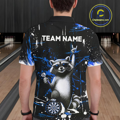 Custom Blue Funny Raccoon Dart Team Shirt for Men Dart Jersey Polo & /4-Zip Dartboard Shirt Outfit DHT29