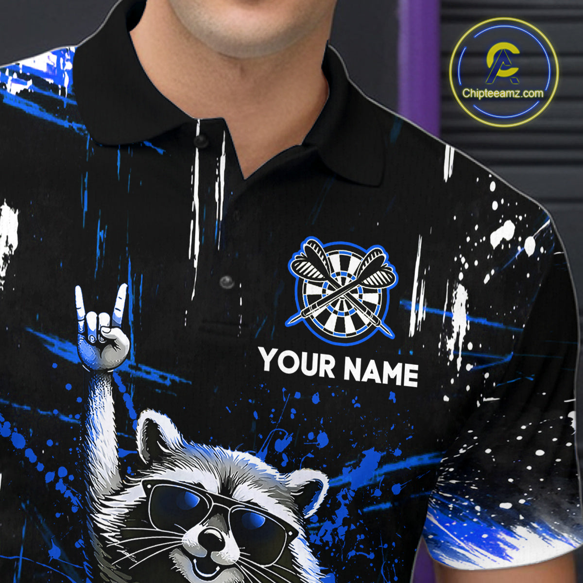 Custom Blue Funny Raccoon Dart Team Shirt for Men Dart Jersey Polo & /4-Zip Dartboard Shirt Outfit DHT29