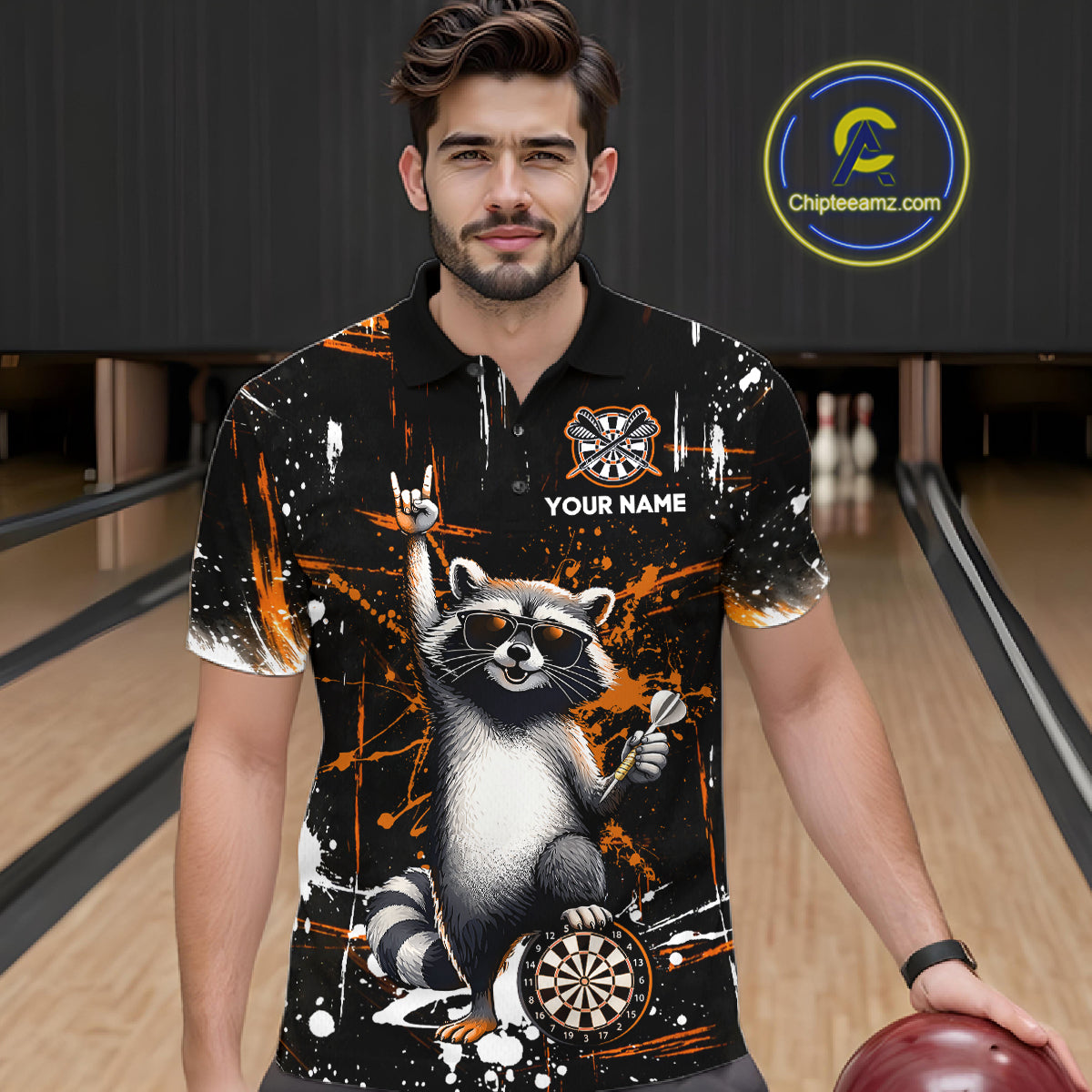 Custom Orange Funny Raccoon Dart Team Shirt for Men Dart Jersey Polo & /4-Zip Dartboard Shirt Outfit DHT29