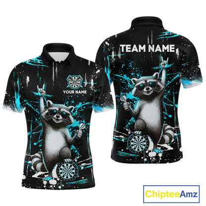 Custom Turquoise Funny Raccoon Dart Team Shirt for Men Dart Jersey Polo & /4-Zip Dartboard Shirt Outfit DHT29