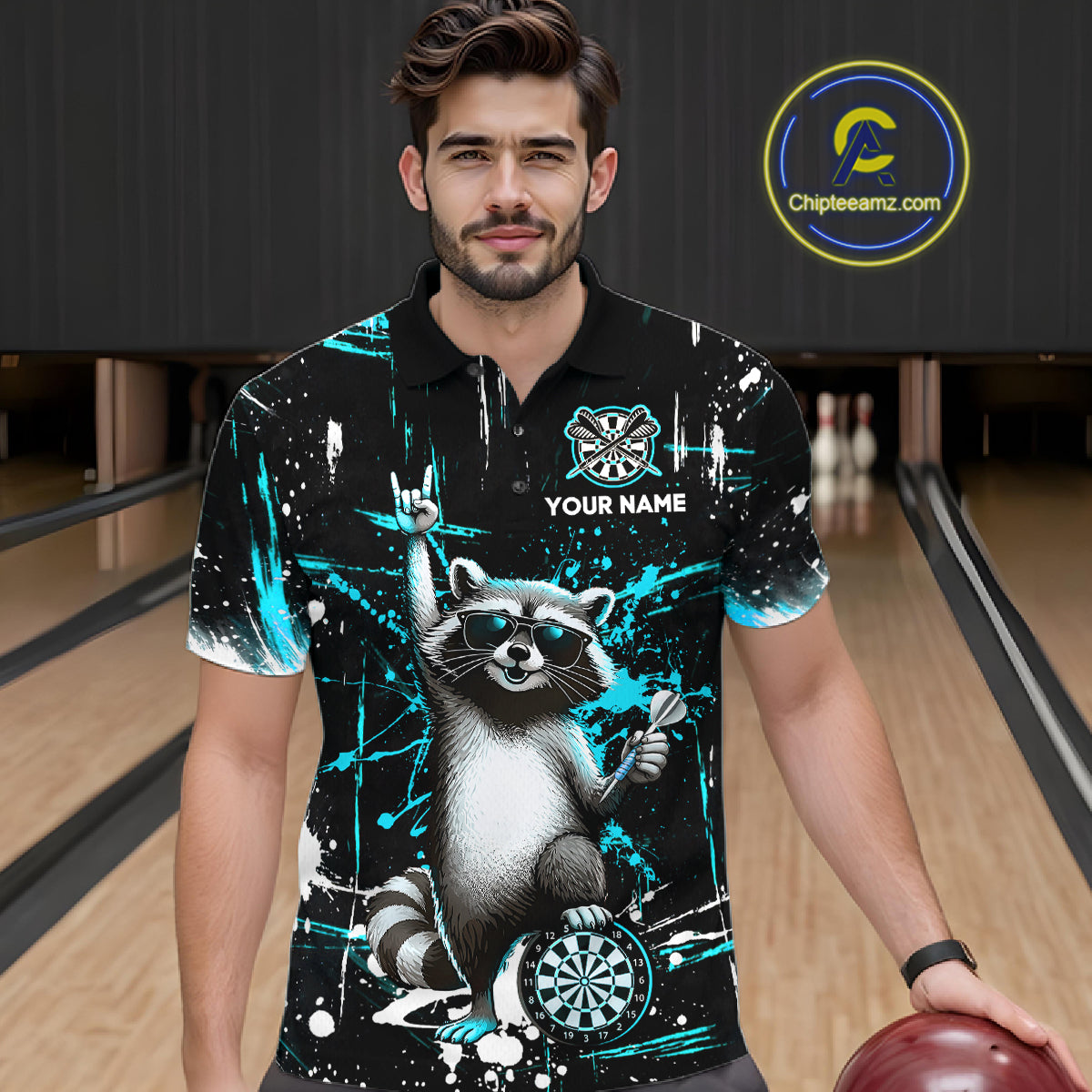 Custom Turquoise Funny Raccoon Dart Team Shirt for Men Dart Jersey Polo & /4-Zip Dartboard Shirt Outfit DHT29