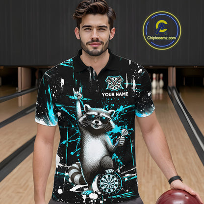 Custom Turquoise Funny Raccoon Dart Team Shirt for Men Dart Jersey Polo & /4-Zip Dartboard Shirt Outfit DHT29