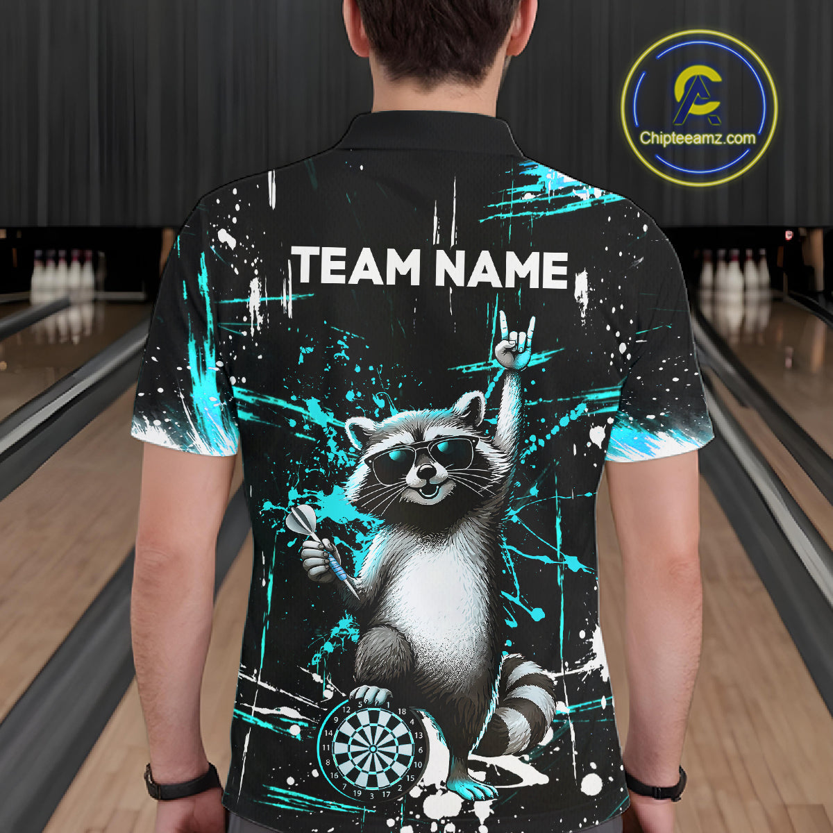 Custom Turquoise Funny Raccoon Dart Team Shirt for Men Dart Jersey Polo & /4-Zip Dartboard Shirt Outfit DHT29