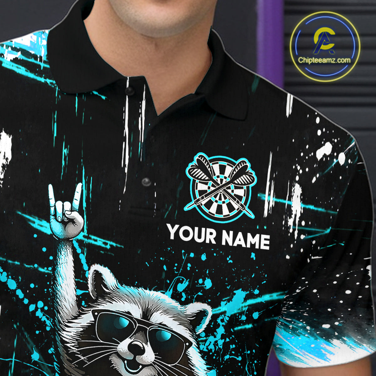 Custom Turquoise Funny Raccoon Dart Team Shirt for Men Dart Jersey Polo & /4-Zip Dartboard Shirt Outfit DHT29