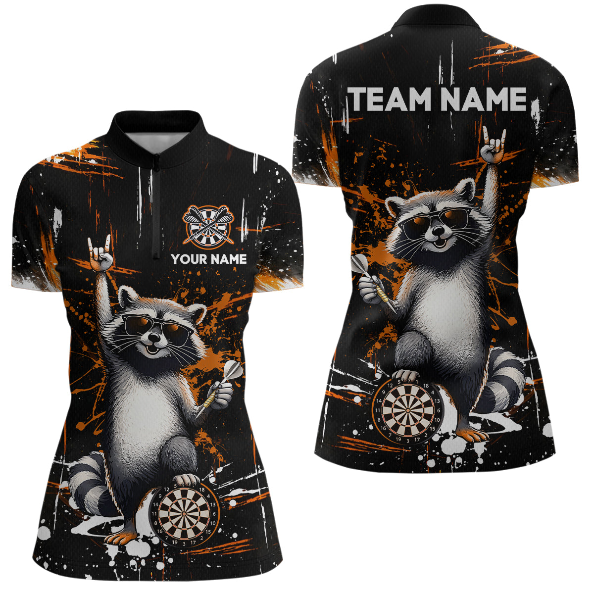 Custom Orange Funny Raccoon Dart Team Shirt for Women Dart Jersey Polo & /4-Zip Dartboard Shirt Outfit DHT29