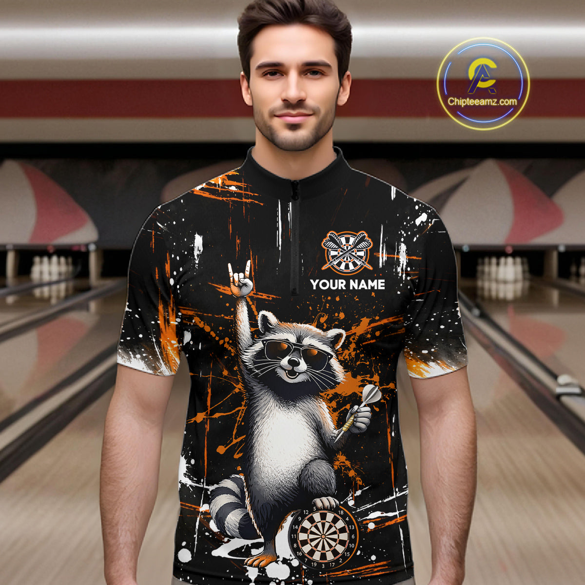 Custom Orange Funny Raccoon Dart Team Shirt for Men Dart Jersey Polo & /4-Zip Dartboard Shirt Outfit DHT29