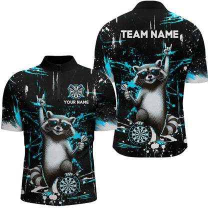 Custom Turquoise Funny Raccoon Dart Team Shirt for Men Dart Jersey Polo & /4-Zip Dartboard Shirt Outfit DHT29