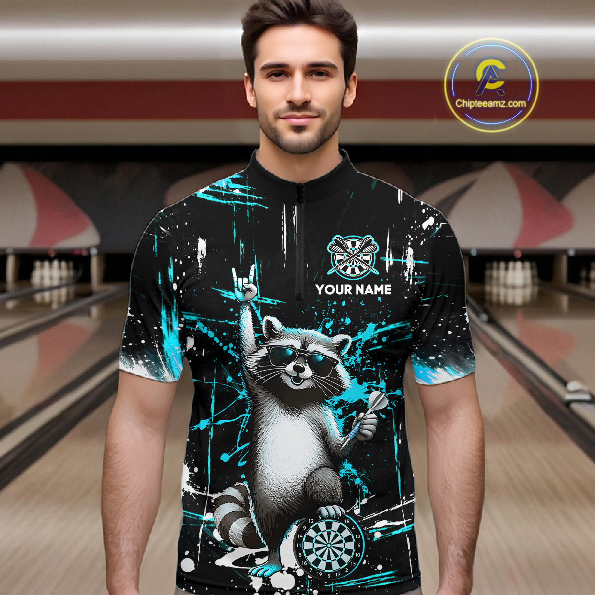 Custom Turquoise Funny Raccoon Dart Team Shirt for Men Dart Jersey Polo & /4-Zip Dartboard Shirt Outfit DHT29