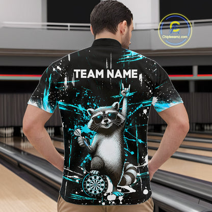 Custom Turquoise Funny Raccoon Dart Team Shirt for Men Dart Jersey Polo & /4-Zip Dartboard Shirt Outfit DHT29