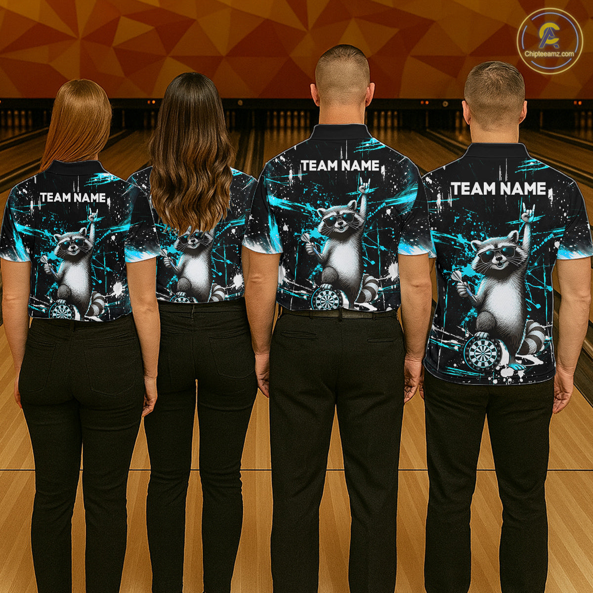 Custom Turquoise Funny Raccoon Dart Team Shirt for Men Dart Jersey Polo & /4-Zip Dartboard Shirt Outfit DHT29