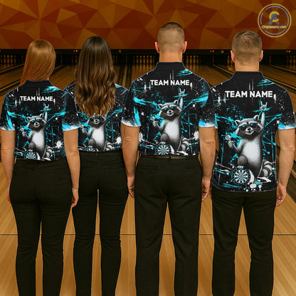 Custom Turquoise Funny Raccoon Dart Team Shirt for Men Dart Jersey Polo & /4-Zip Dartboard Shirt Outfit DHT29