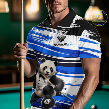 Person wearing a polo shirt with a panda design holding a pool cue on a pool table.
