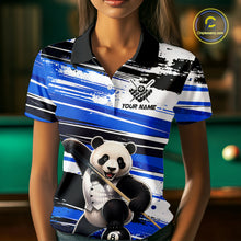 Load image into Gallery viewer, Person wearing a polo shirt with a panda holding a pool cue design, customizable text area, and pool table background.