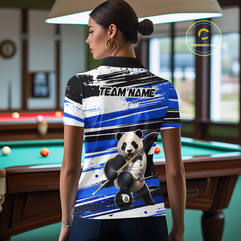Person wearing a polo shirt with a panda design and 'Team Name' text in a pool hall.