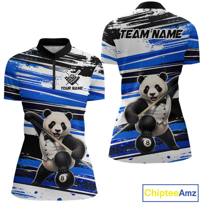 Polo shirt with panda design and customizable text on a blue and black striped background
