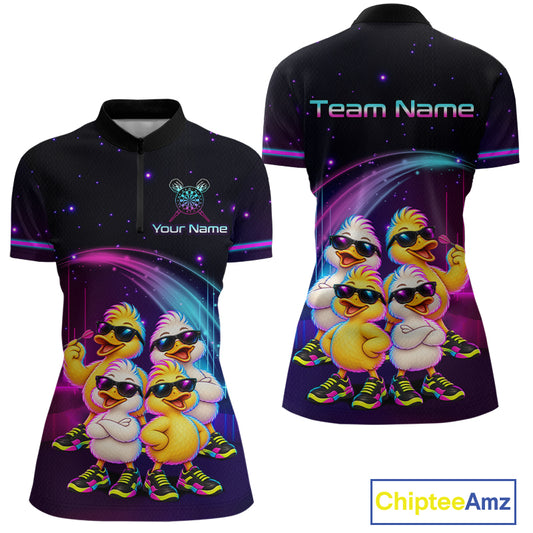 Custom Team of Four Duck Darts Shirt for Women Neon Funny Dart Team Jersey Polo & Quarter-Zip DHT84