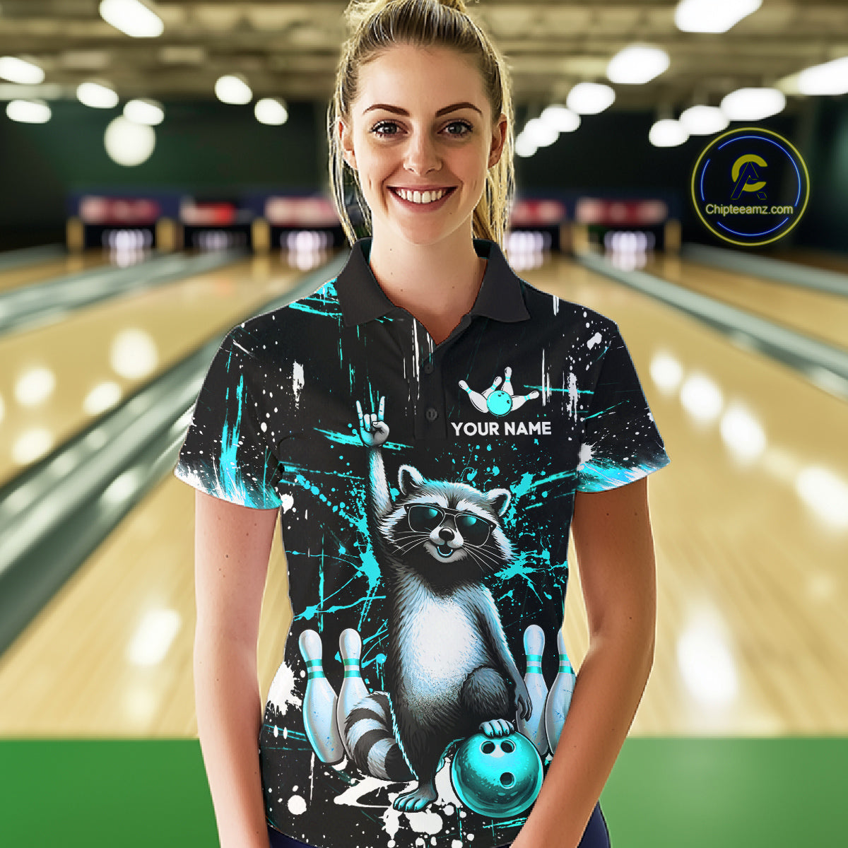 Custom Turquoise Funny Raccoon Bowling Shirt for Women Bowling Jersey Polo & 1/4-Zip Bowling Outfit QZT892