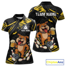 Load image into Gallery viewer, Front and back view custom black yellow bulldog bowling polo shirt featuring a playful cartoon mascot, bowling ball, beer mug and yellow paint splash pattern, displaying Your Name and Team Name