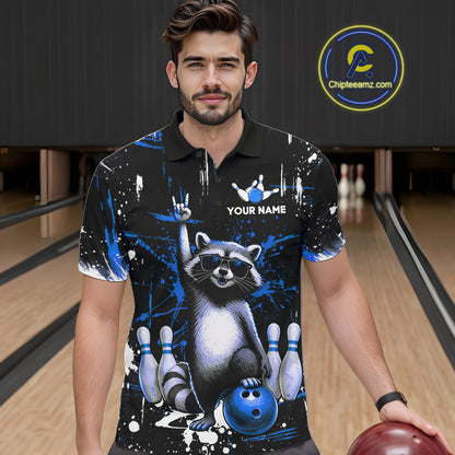 Custom Blue Funny Raccoon Bowling Shirt for Men Bowling Jersey Polo & 1/4-Zip Bowling Outfit QZT892