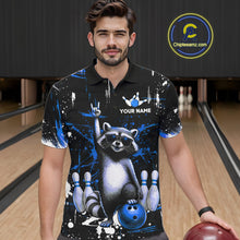 Load image into Gallery viewer, Custom Blue Funny Raccoon Bowling Shirt for Men Bowling Jersey Polo &amp; 1/4-Zip Bowling Outfit QZT892