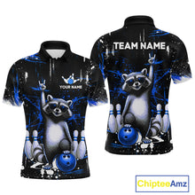 Load image into Gallery viewer, Custom Blue Funny Raccoon Bowling Shirt for Men Bowling Jersey Polo &amp; 1/4-Zip Bowling Outfit QZT892
