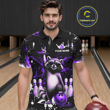 Load image into Gallery viewer, Custom Purple Funny Raccoon Bowling Shirt for Men Bowling Jersey Polo &amp; 1/4-Zip Bowling Outfit QZT892