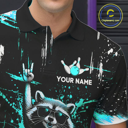 Custom Turquoise Funny Raccoon Bowling Shirt for Men Bowling Jersey Polo & 1/4-Zip Bowling Outfit QZT892
