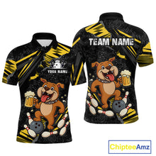Load image into Gallery viewer, Front and back view custom black yellow bulldog bowling polo shirt featuring a playful cartoon mascot, bowling ball, beer mug and yellow paint splash pattern, displaying Your Name and Team Name