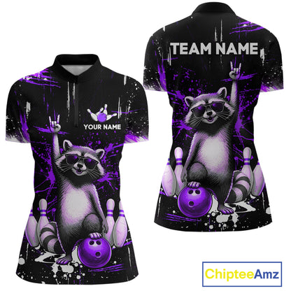 Custom Purple Funny Raccoon Bowling Shirt for Women Bowling Jersey Polo & 1/4-Zip Bowling Outfit QZT892