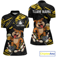 Load image into Gallery viewer, Front and back view custom black yellow bulldog bowling quarter-zip shirt featuring a playful cartoon mascot, bowling ball, beer mug and yellow paint splash pattern, displaying Your Name and Team Name