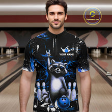 Load image into Gallery viewer, Custom Blue Funny Raccoon Bowling Shirt for Men Bowling Jersey Polo &amp; 1/4-Zip Bowling Outfit QZT892