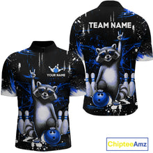 Load image into Gallery viewer, Custom Blue Funny Raccoon Bowling Shirt for Men Bowling Jersey Polo &amp; 1/4-Zip Bowling Outfit QZT892
