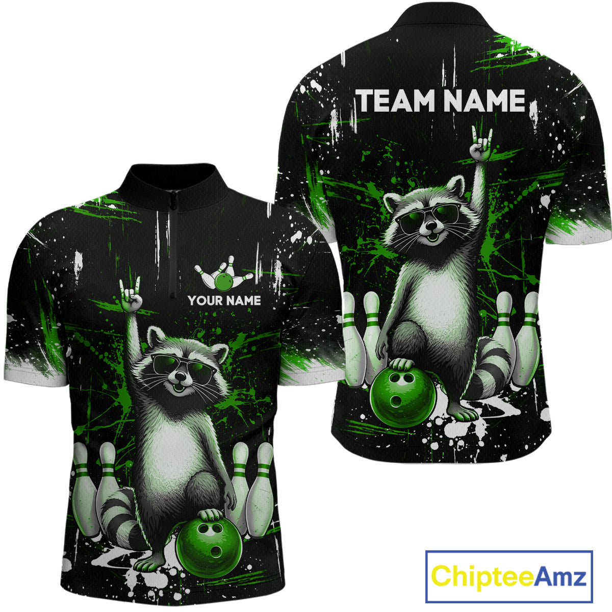 Custom Green Funny Raccoon Bowling Shirt for Men Bowling Jersey Polo & 1/4-Zip Bowling Outfit QZT892