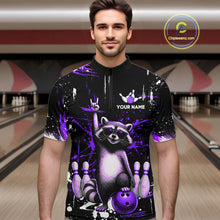 Load image into Gallery viewer, Custom Purple Funny Raccoon Bowling Shirt for Men Bowling Jersey Polo &amp; 1/4-Zip Bowling Outfit QZT892