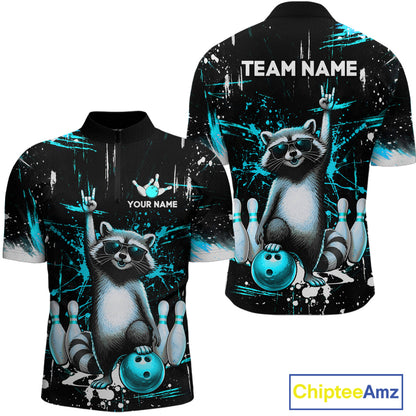 Custom Turquoise Funny Raccoon Bowling Shirt for Men Bowling Jersey Polo & 1/4-Zip Bowling Outfit QZT892