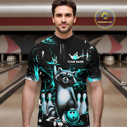 Custom Turquoise Funny Raccoon Bowling Shirt for Men Bowling Jersey Polo & 1/4-Zip Bowling Outfit QZT892