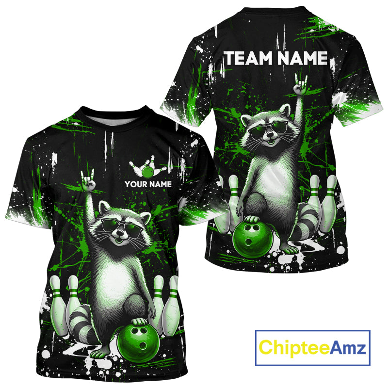 Black and green t-shirt with raccoon design and customizable text, featuring the brand 'ChipteeAmz'.