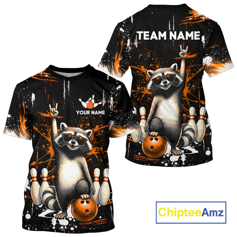 Black and orange t-shirt with raccoon design and customizable text, featuring ChipteeAmz branding.